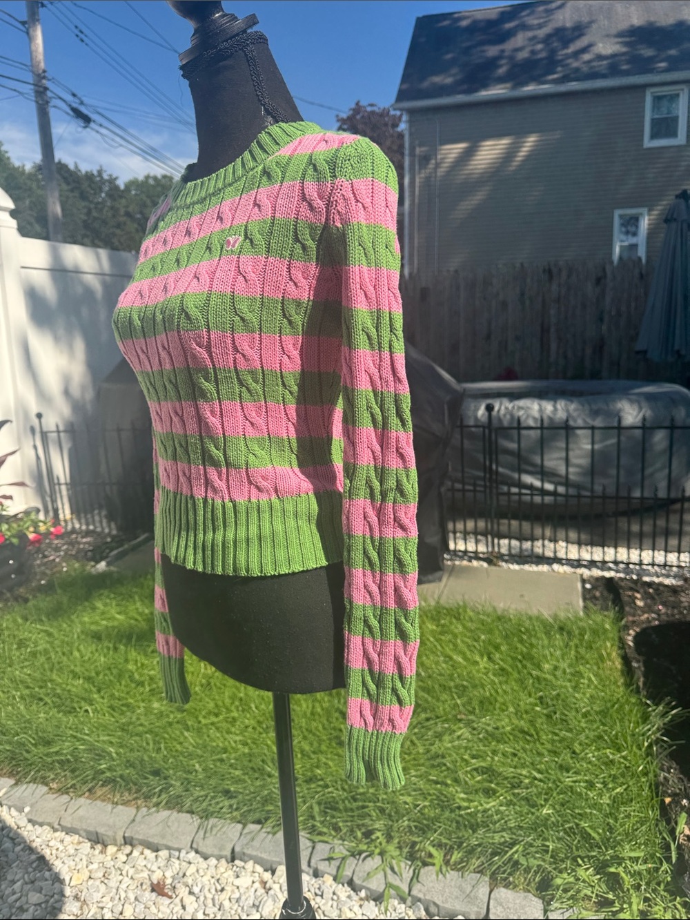 Aero Striped Cable-Knit Scoop Neck Sweater - Pink & Green - Picture 2 of 8